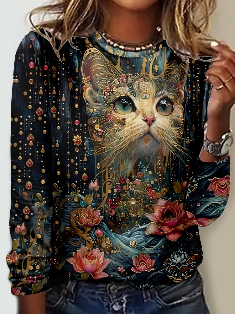 Casual Long Sleeve Crew Neck Floral Cat Loose Regular T-Shirt