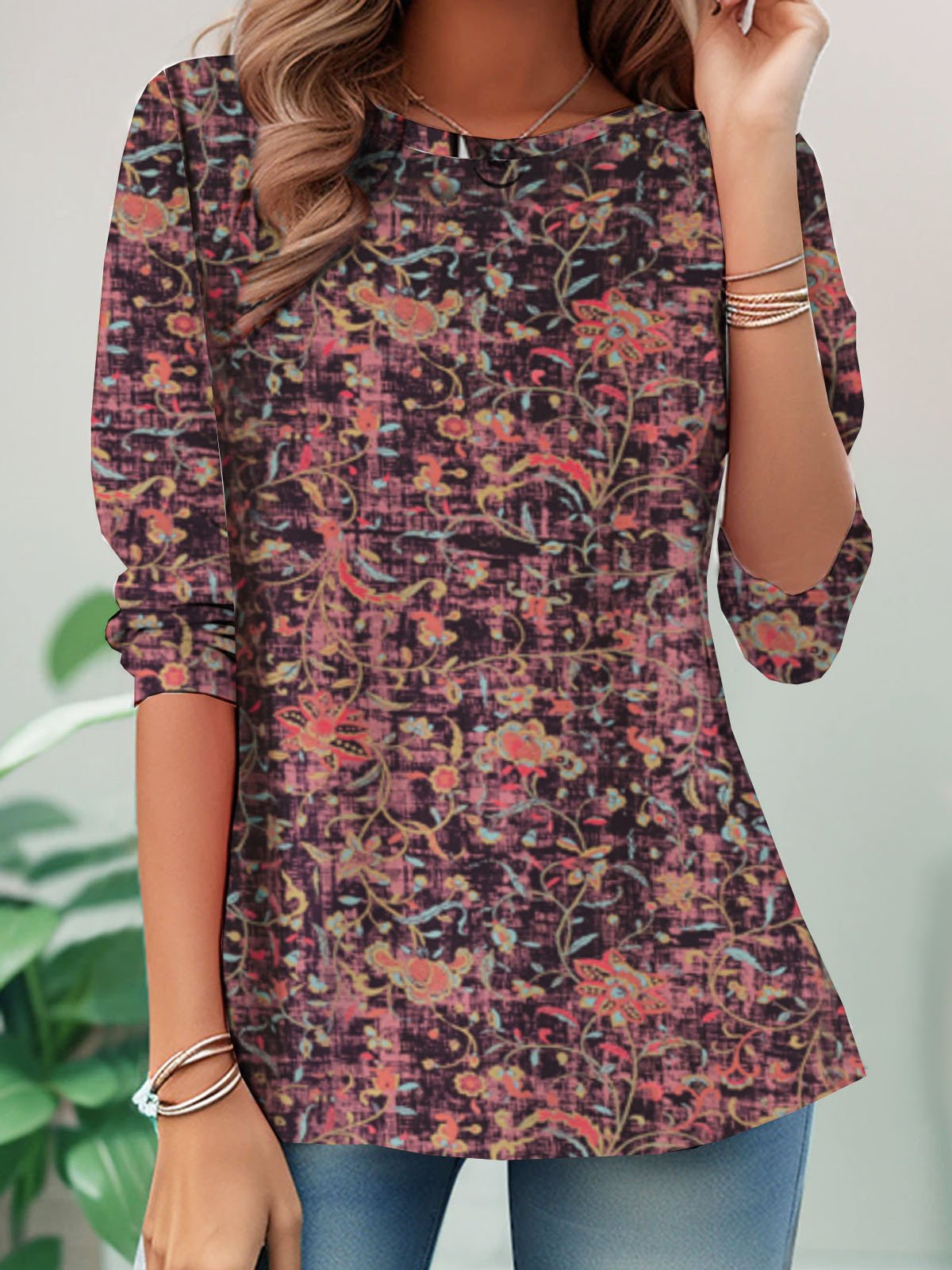 Casual Long Sleeve Crew Neck Floral Loose Regular T-Shirt
