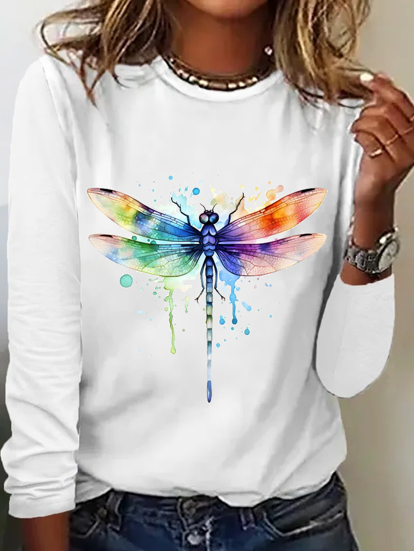 Loose Long Sleeve Crew Neck Dragonfly Casual Regular T-Shirt
