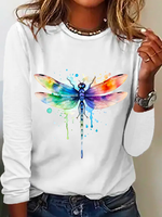 Loose Long Sleeve Crew Neck Dragonfly Casual Regular T-Shirt