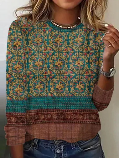 Loose Long Sleeve Crew Neck Ethnic Casual Regular T-Shirt