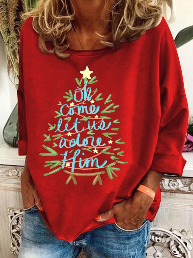 Casual Long Sleeve Crew Neck Christmas Tree Loose Regular Sweatshirt