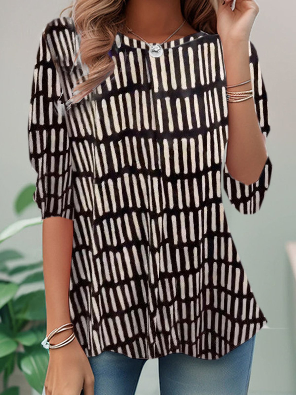 Casual Long Sleeve Crew Neck Geometric Loose Regular T-Shirt