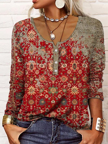 Casual Long Sleeve V Neck Ethnic Regular T-Shirt