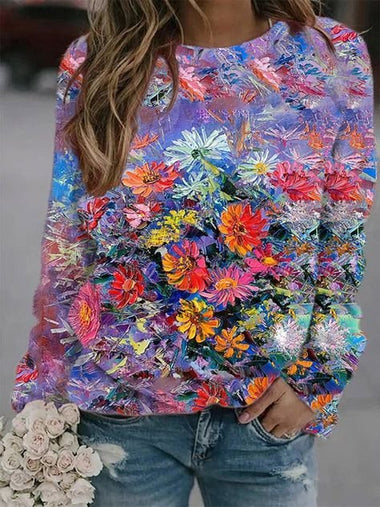Casual Long Sleeve Crew Neck Floral Loose Regular Sweatshirt