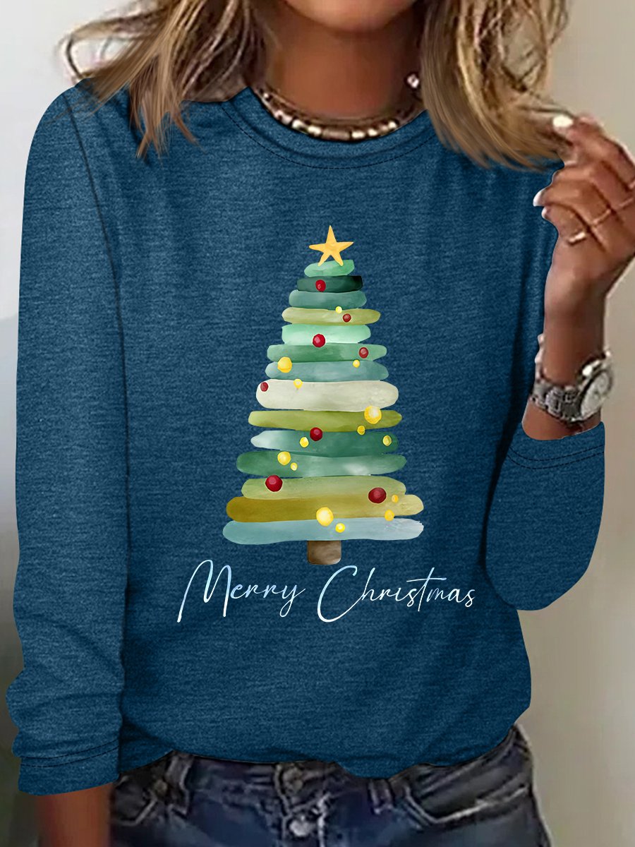 Loose Long Sleeve Crew Neck Christmas Tree Casual Regular T-Shirt