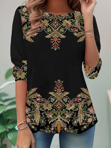 Casual Long Sleeve Crew Neck Ethnic Loose Regular Blouse