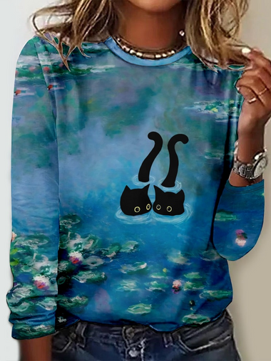 Casual Long Sleeve Crew Neck Cat Regular Blouse