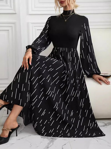 Casual Long Sleeve Geometric Lace Maxi Dress