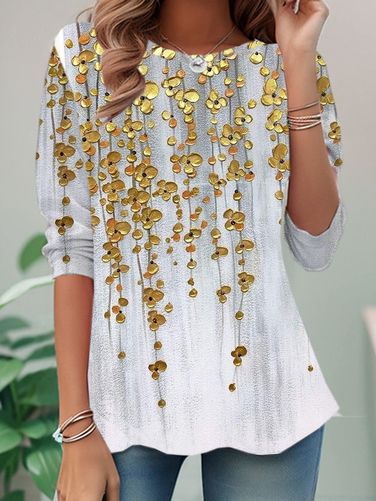 Loose Long Sleeve Crew Neck Floral Casual Regular T-Shirt