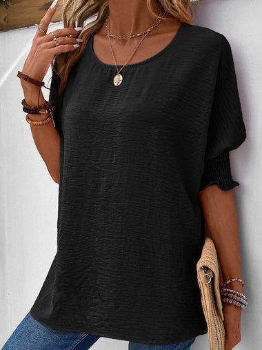 Loose Short Sleeve Crew Neck Plain Casual Regular Blouse