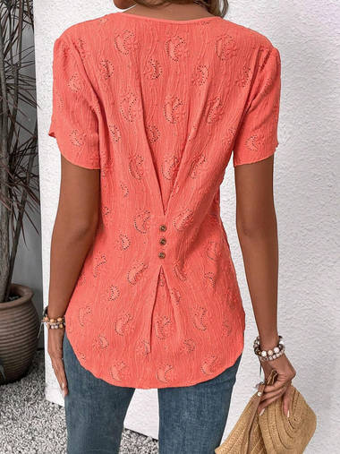 Loose Short Sleeve Notched Plain Simple Regular Blouse