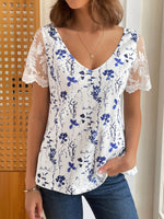 Casual Short Sleeve V Neck Floral Loose Mid-Long Blouse