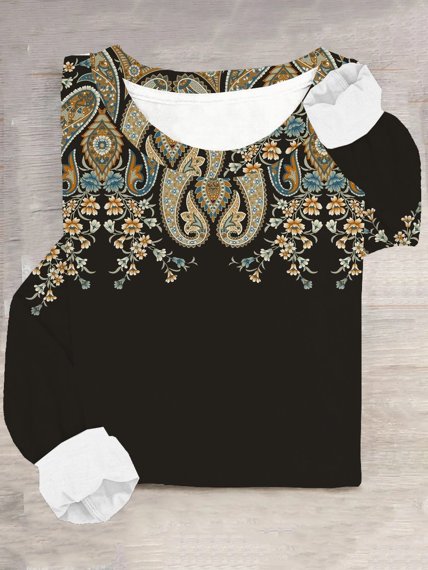 Casual Long Sleeve Crew Neck Ethnic Loose Regular T-Shirt