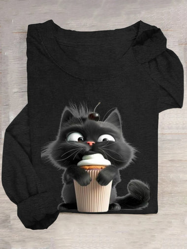 Casual Long Sleeve Crew Neck Cat Loose Regular T-Shirt