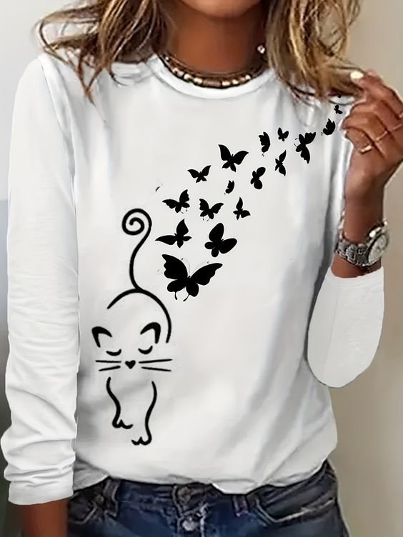 Casual Long Sleeve Crew Neck Cat Loose Regular T-Shirt