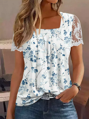 Loose Short Sleeve Square Neck Floral Casual Regular Blouse