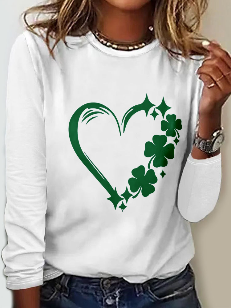 Casual Long Sleeve Crew Neck Four-Leaf Clover Loose Regular T-Shirt