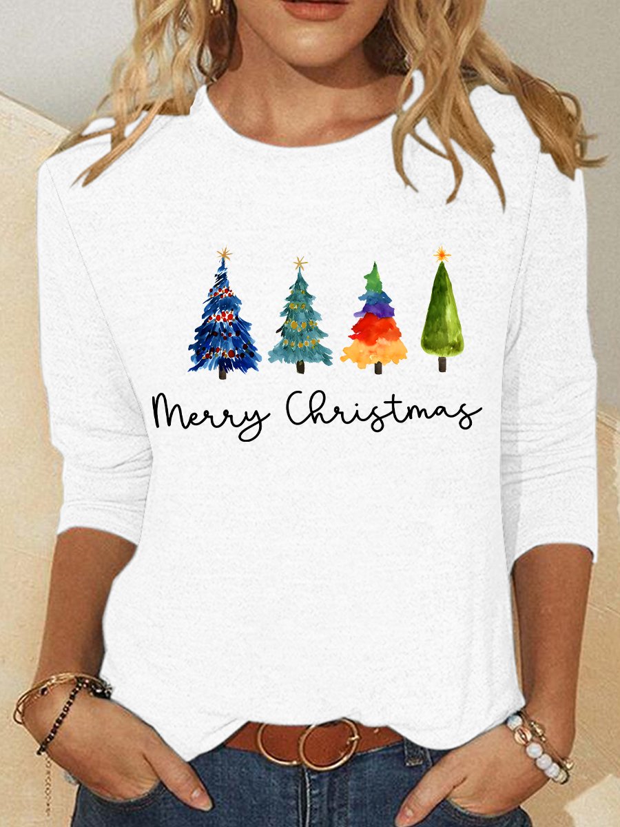 Casual Long Sleeve Crew Neck Christmas Tree Loose Regular Blouse