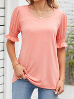 Loose Short Sleeve Square Neck Plain Casual Regular Blouse