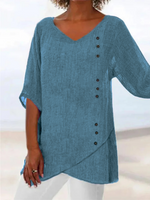 Casual Short Sleeve V Neck Plain Regular Blouse