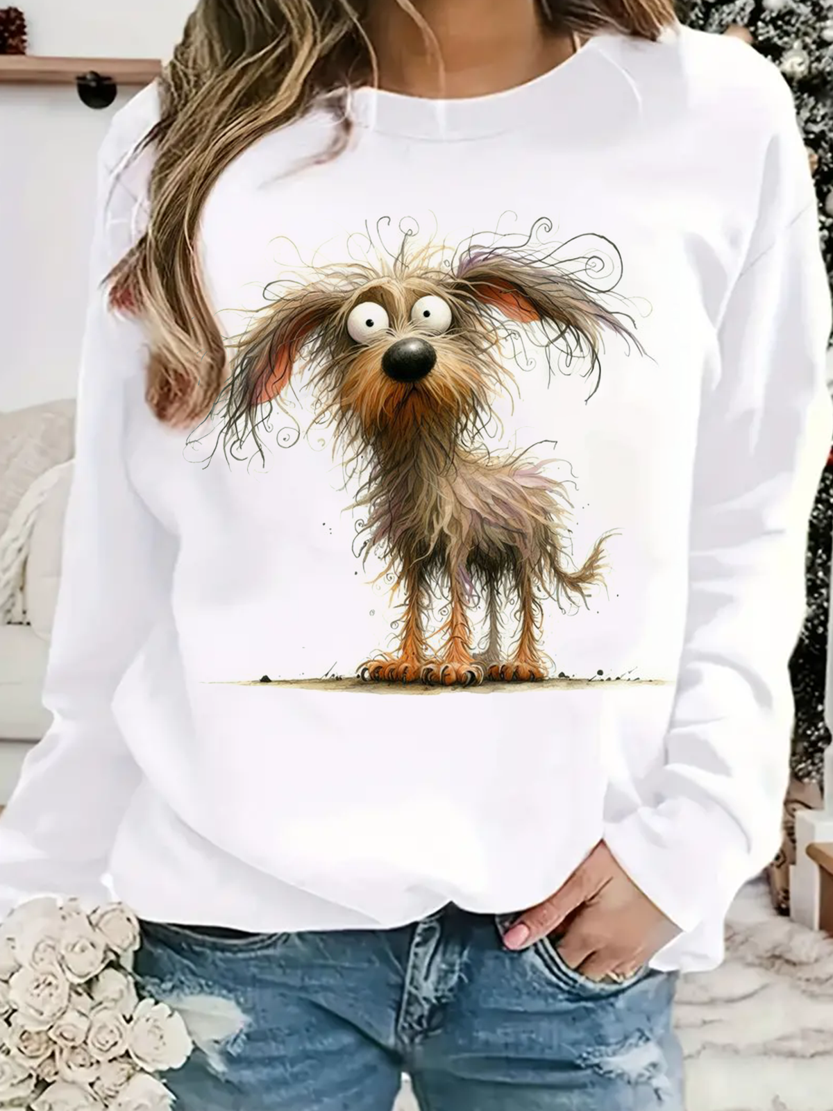 Casual Long Sleeve Crew Neck Dog Loose Regular T-Shirt