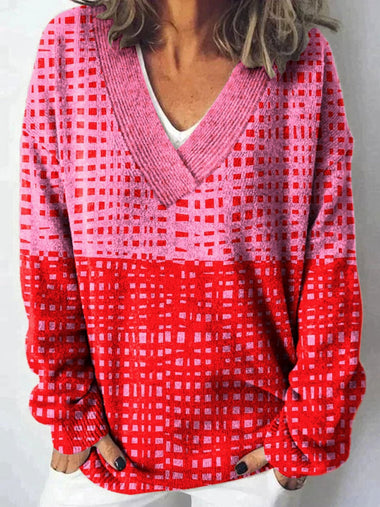 Vintage Long Sleeve V Neck Geometric Loose Regular Sweater