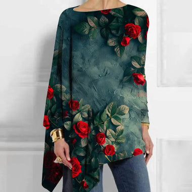 Loose Long Sleeve Crew Neck Floral Butterfly Casual Mid-Long Blouse