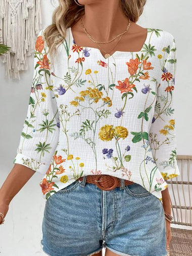 Loose Three Quarter Sleeve Notched Floral Casual Regular Blouse