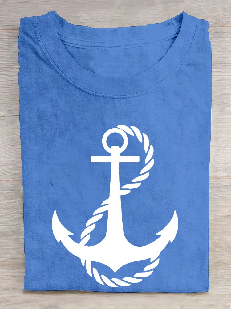 Casual Short Sleeve Crew Neck Anchor Loose Regular T-Shirt