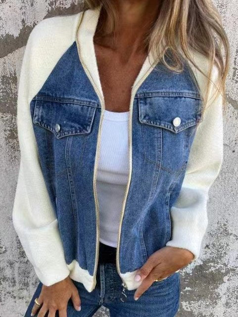 Loose Shawl Collar Long Sleeve Contrast Stitching Zipper Casual Regular Jacket