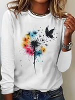 Loose Long Sleeve Crew Neck Floral Butterfly Casual Regular T-Shirt