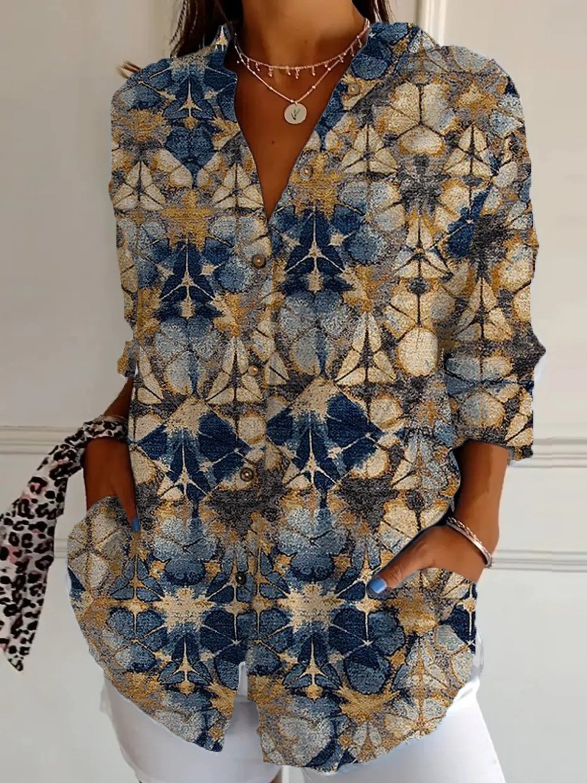 Loose Long Sleeve Shirt Collar Ethnic Casual Regular Shirt