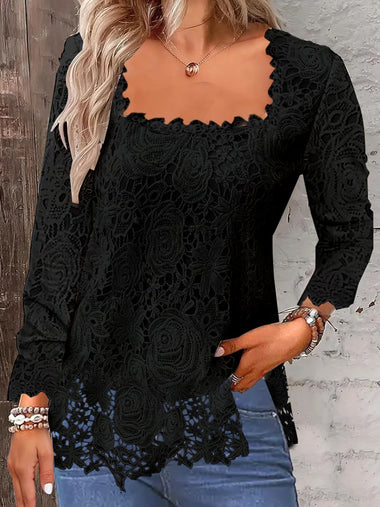 Casual Long Sleeve Square Neck Plain Loose Regular Blouse