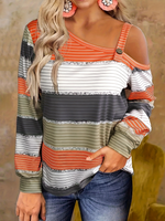 Loose Long Sleeve V Neck Striped Casual Regular T-Shirt