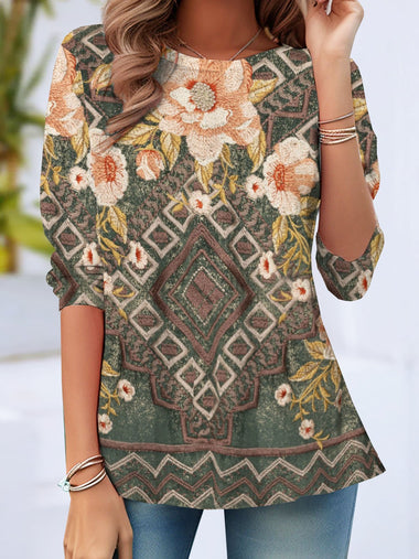 Loose Long Sleeve Crew Neck Floral Casual Regular T-Shirt