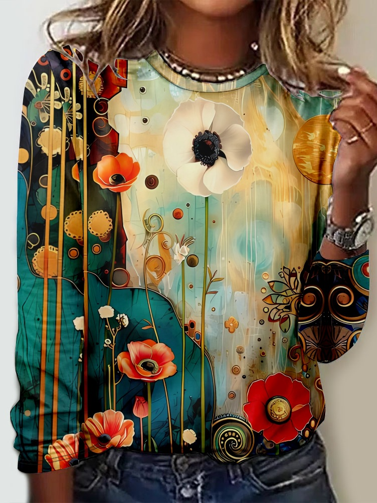 Casual Long Sleeve Crew Neck Floral Loose Regular T-Shirt