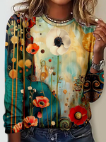 Casual Long Sleeve Crew Neck Floral Loose Regular T-Shirt