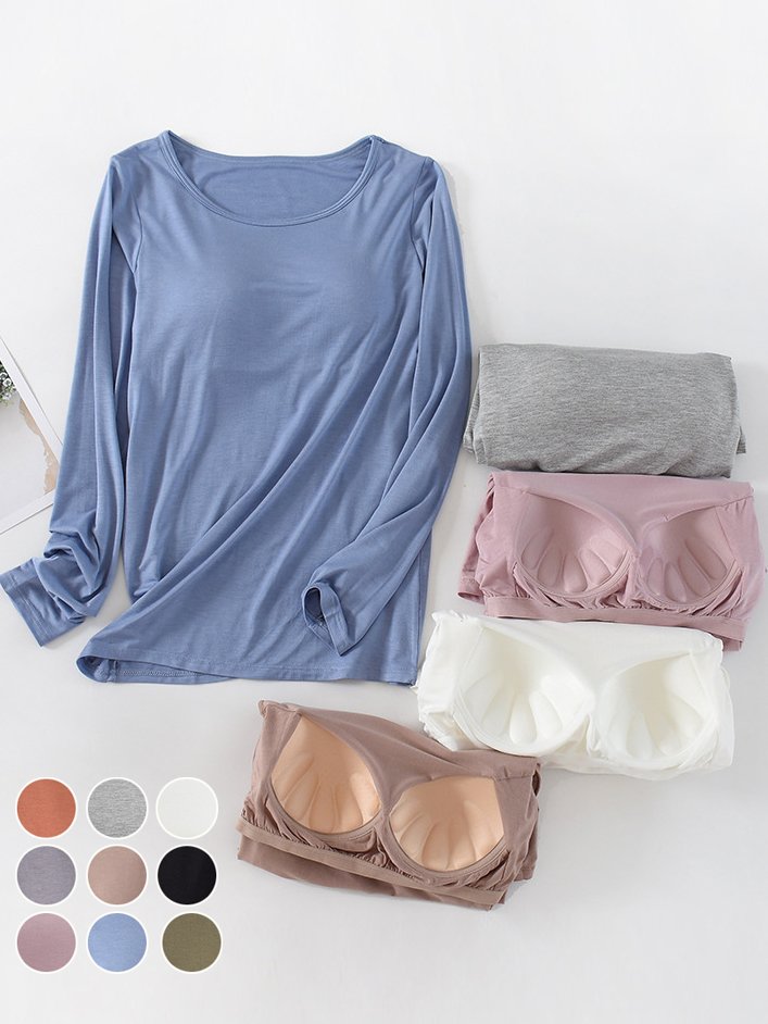 Loose Long Sleeve Crew Neck Plain Casual Regular T-Shirt