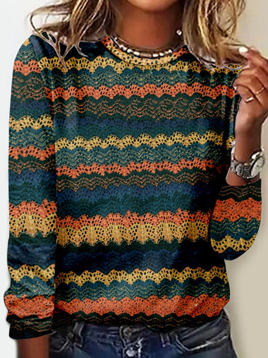 Casual Long Sleeve Crew Neck Abstract Stripes Loose Regular T-Shirt