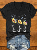Casual Short Sleeve V Neck Floral Sunflower Loose Regular T-Shirt