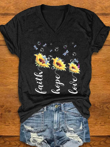 Casual Short Sleeve V Neck Floral Sunflower Loose Regular T-Shirt