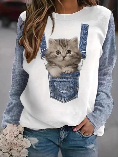 Loose Long Sleeve Crew Neck Floral Cat Casual Regular Sweatshirt
