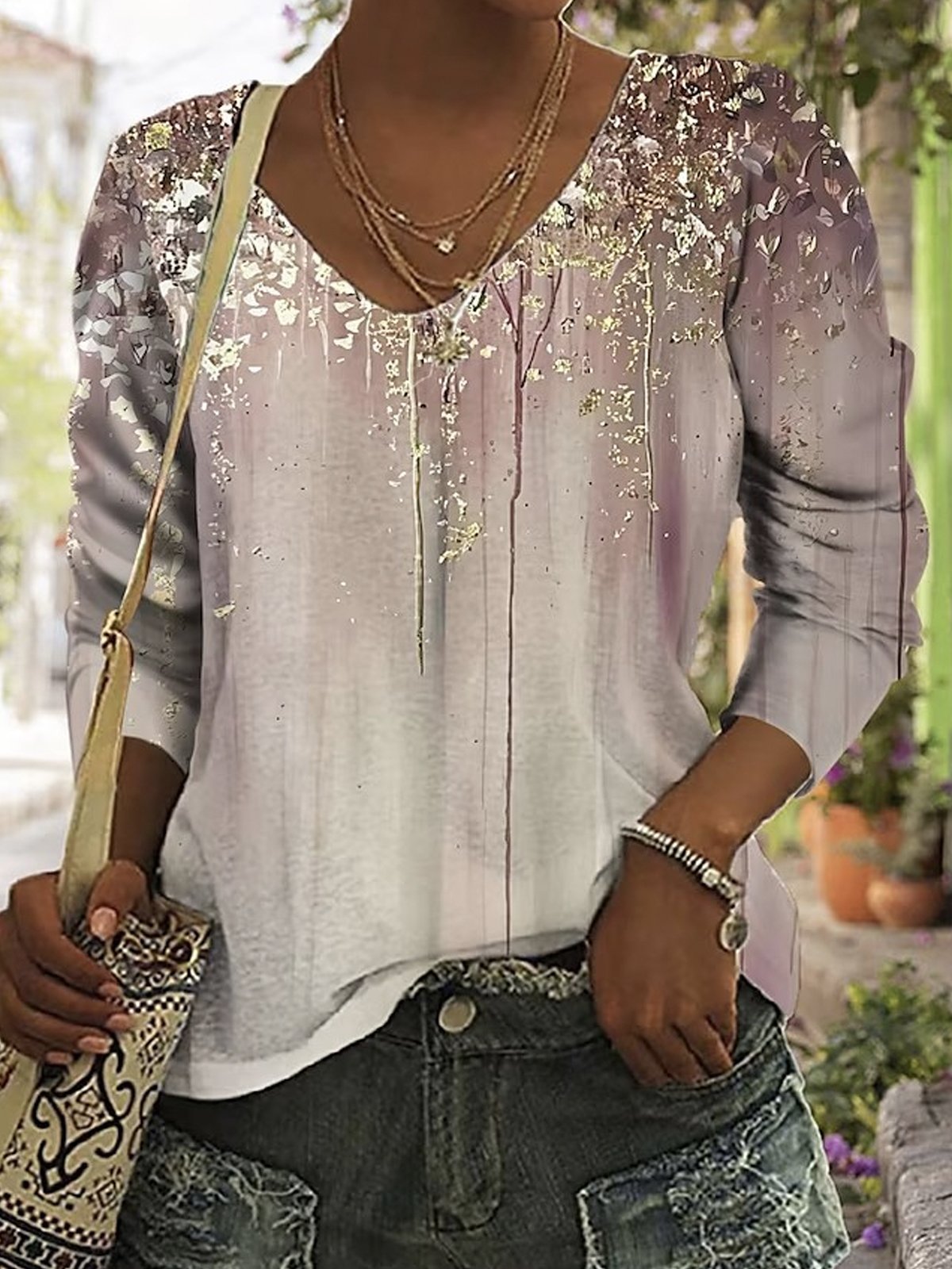 Casual Short Sleeve V Neck Floral Loose Regular T-Shirt