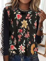 Casual Long Sleeve Crew Neck Floral Loose Regular T-Shirt