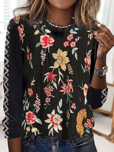 Casual Long Sleeve Crew Neck Floral Loose Regular T-Shirt