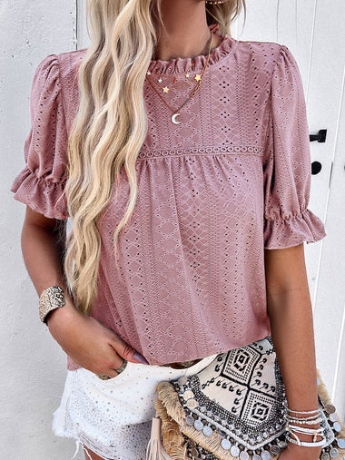 Loose Short Sleeve Stand Collar Plain Casual Regular Blouse
