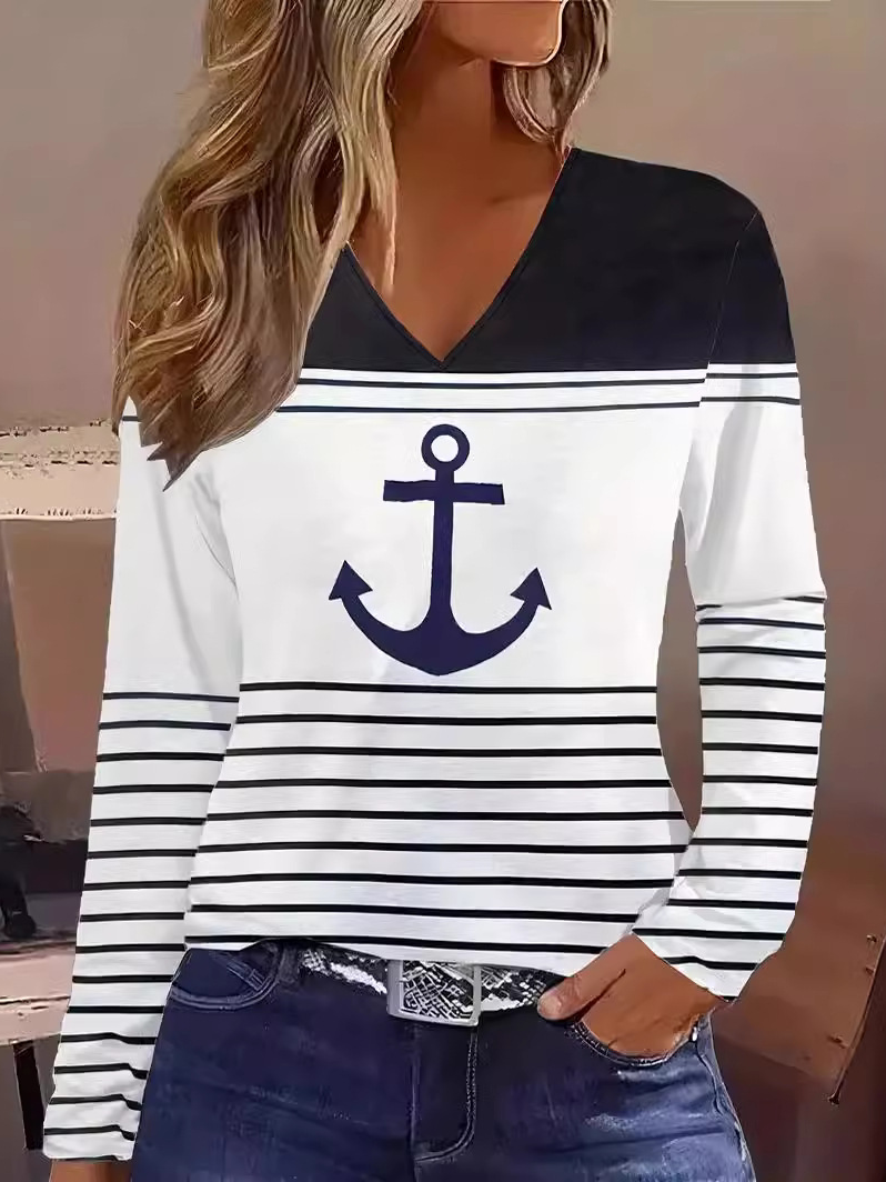 Casual Long Sleeve V Neck Striped Loose Regular T-Shirt