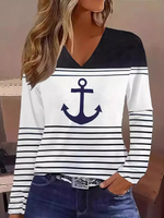 Casual Long Sleeve V Neck Striped Loose Regular T-Shirt