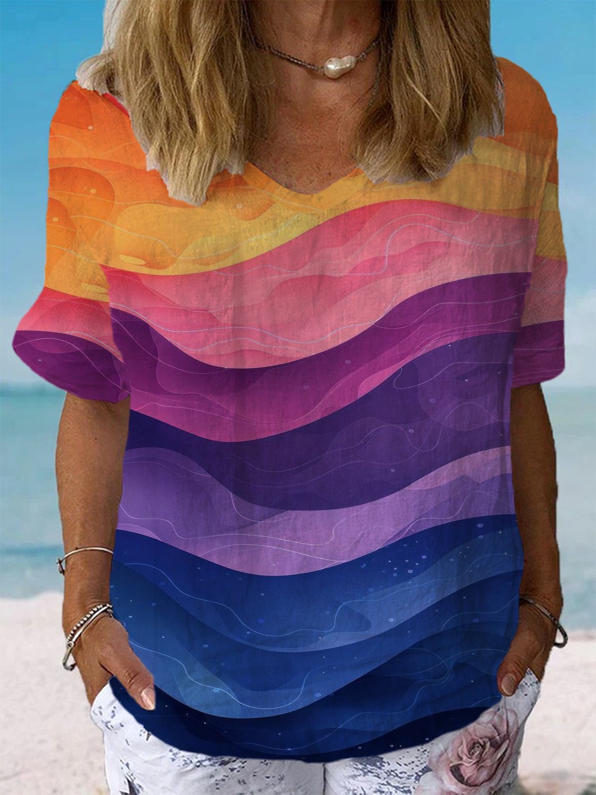 Loose Short Sleeve Crew Neck Ombre Casual Regular Blouse
